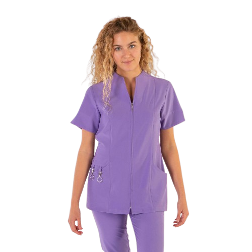 Semi-fitted short sleeve jacket for women, zipper closure. Various sizes and colors.