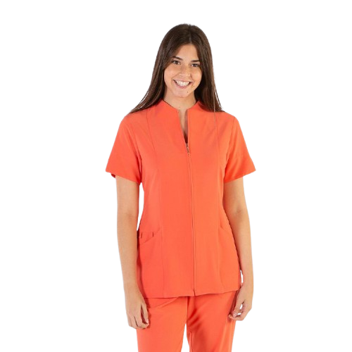 Semi-fitted short sleeve jacket for women, zipper closure. Various sizes and colors.