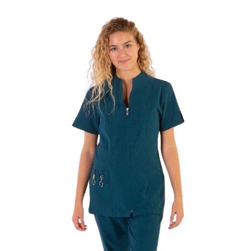 Semi-fitted short sleeve jacket for women, zipper closure. Various sizes and colors.