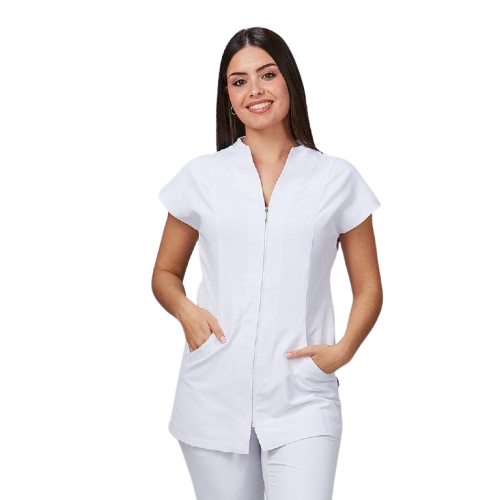 Veste semi-ajustée à manches courtes pour femme, col cheminée. Plusieurs tailles et couleurs.