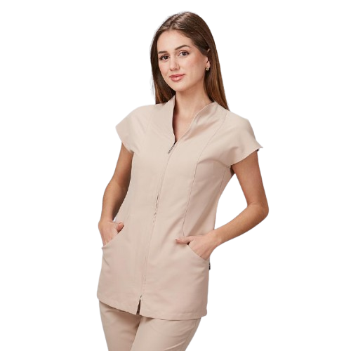 Veste semi-ajustée à manches courtes pour femme, col cheminée. Plusieurs tailles et couleurs.