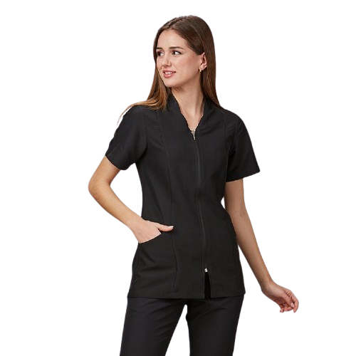 Veste semi-ajustée à manches courtes pour femme, col mao. Plusieurs tailles et couleurs