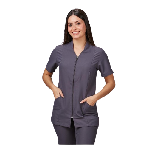 Veste semi-ajustée à manches courtes pour femme, col mao. Plusieurs tailles et couleurs