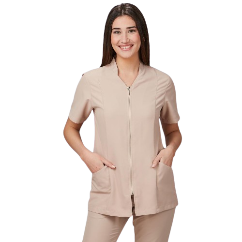 Veste semi-ajustée à manches courtes pour femme, col mao. Plusieurs tailles et couleurs