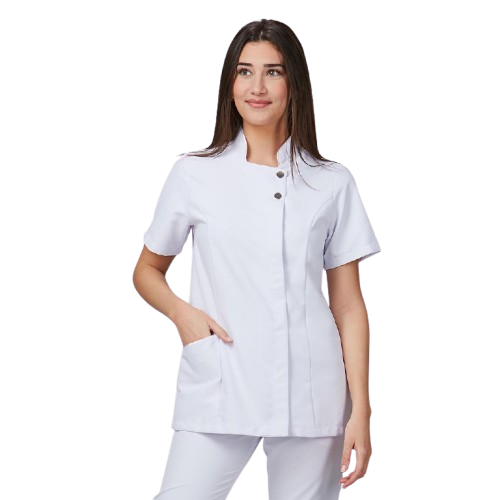 Veste semi-ajustée à manches courtes pour femme, col mao et fermeture croisée. Plusieurs tailles et couleurs.