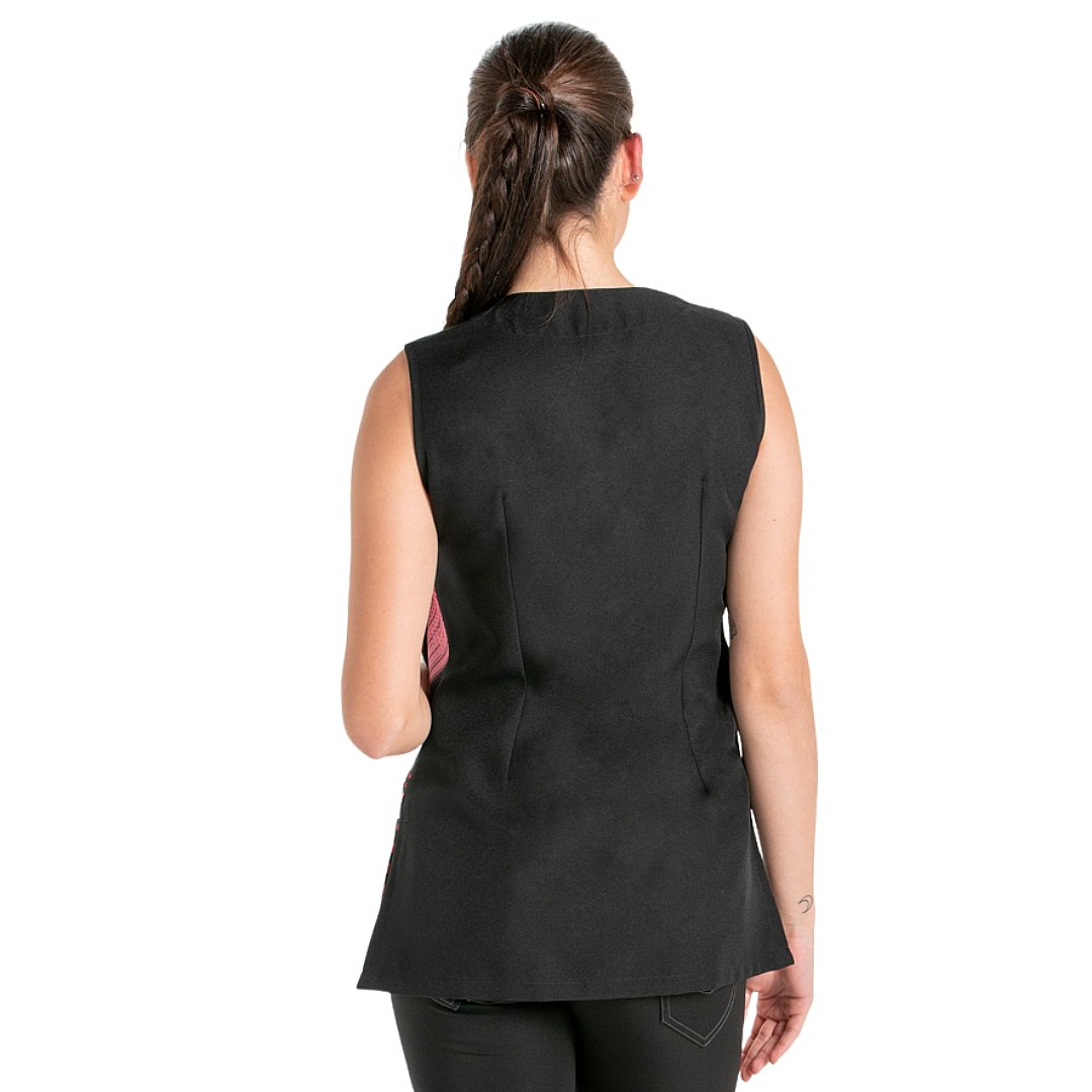 Casaca sin mangas para mujer con estampado de círculos rojos. Varias tallas Casaca sin mangas para mujer con estampado de círculos rojos. Varias tallas