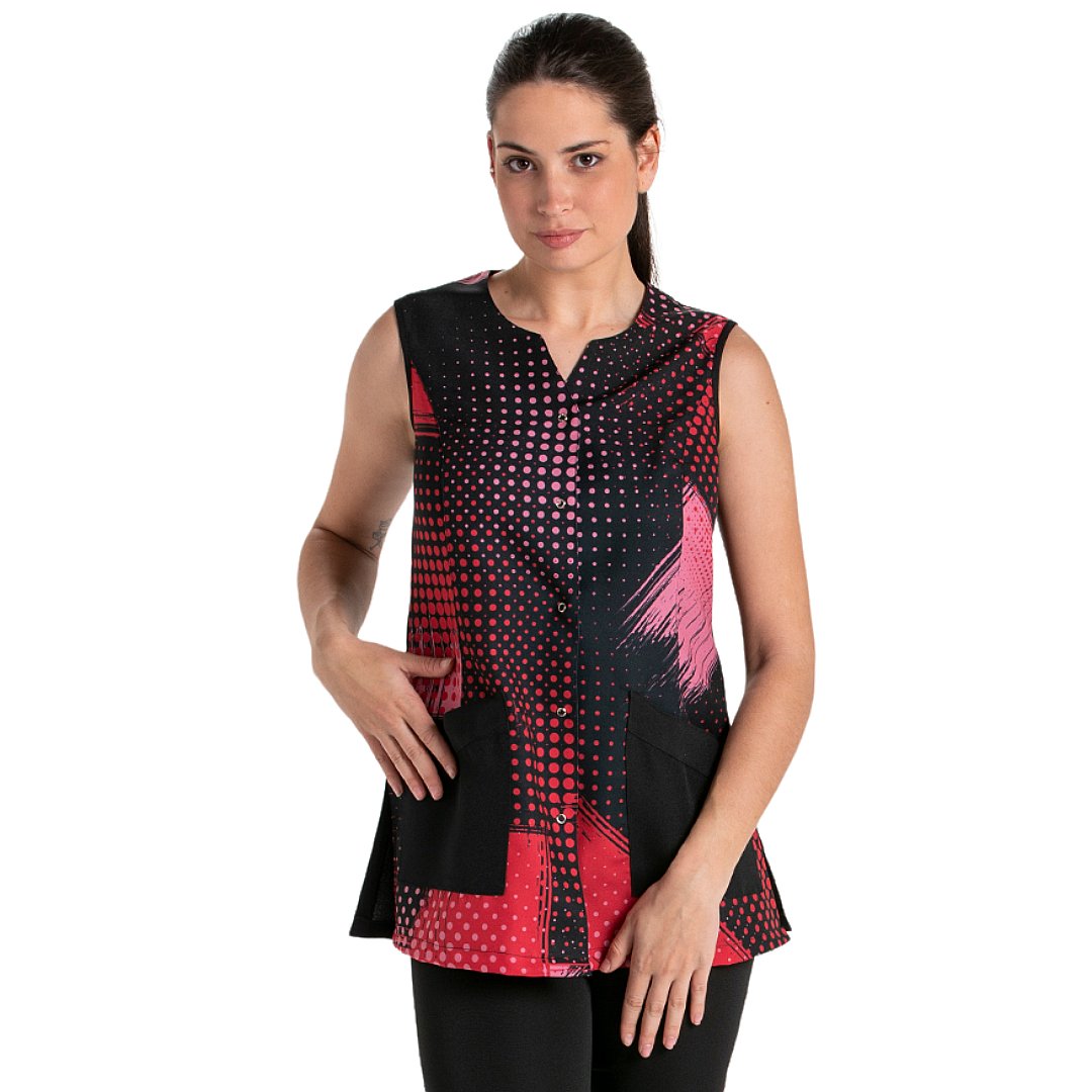 Casaca sin mangas para mujer con estampado de círculos rojos. Varias tallas Casaca sin mangas para mujer con estampado de círculos rojos. Varias tallas