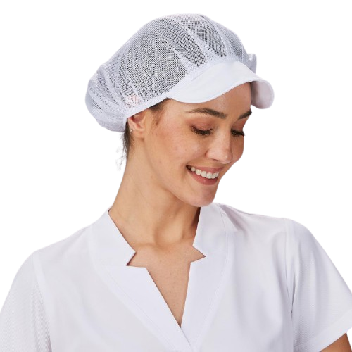 Cofia unisex blanca de rejilla con visera, talla única. Caja de 10 unidades Cofia unisex blanca de rejilla con visera, talla única. Caja de 10 unidades