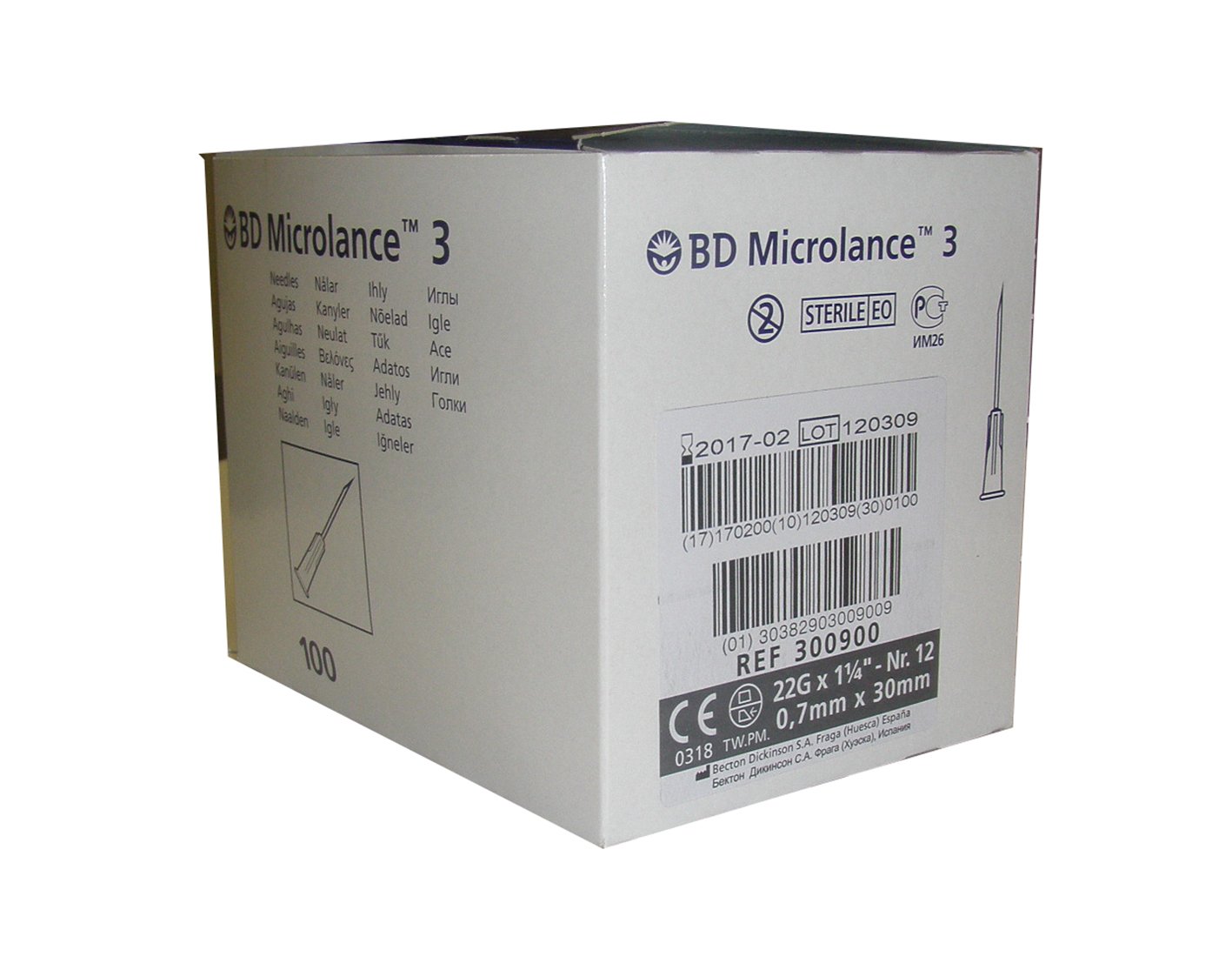 Aguja hipodérmica BD Microlance 0,7 mm x 30 mm 22G x 1 y 1/4 . Caja de 100
