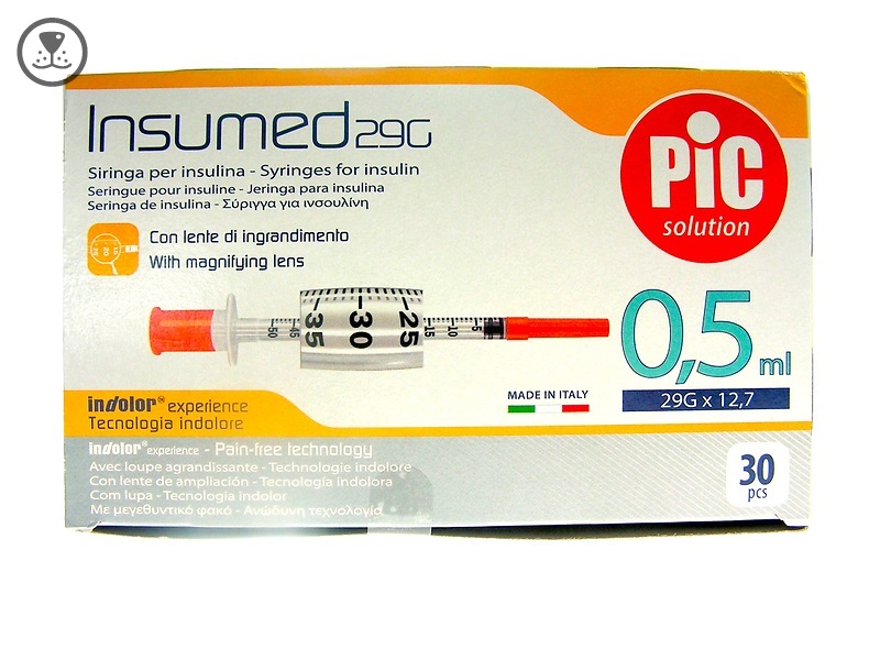 Jeringas Insumed 0,5 ml insulina con aguja 29G 0,33 x 12,7 mm. Caja de 30