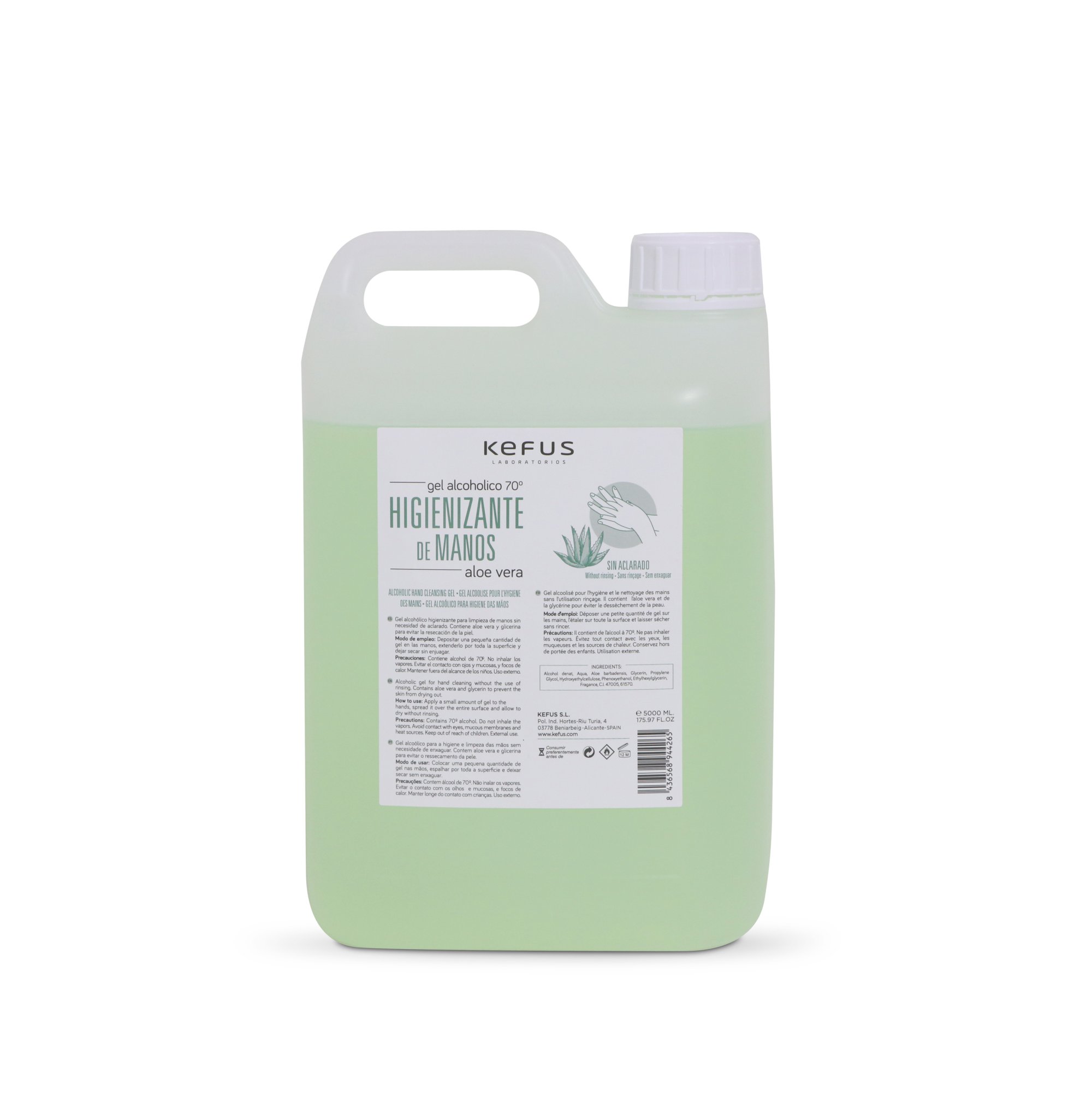 Gel alcohólico higienizante de manos con Aloe Vera Kefus. 5 litros Gel alcohólico higienizante de manos con Aloe Vera Kefus. 5 litros