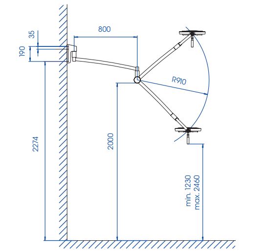 Lámpara de cirugía LED 130 Dental, 65.000lux a 1m, Dr Mach. Anclaje a pared Lámpara de cirugía LED 130 Dental, 65.000lux a 1m, Dr Mach. Anclaje a pared