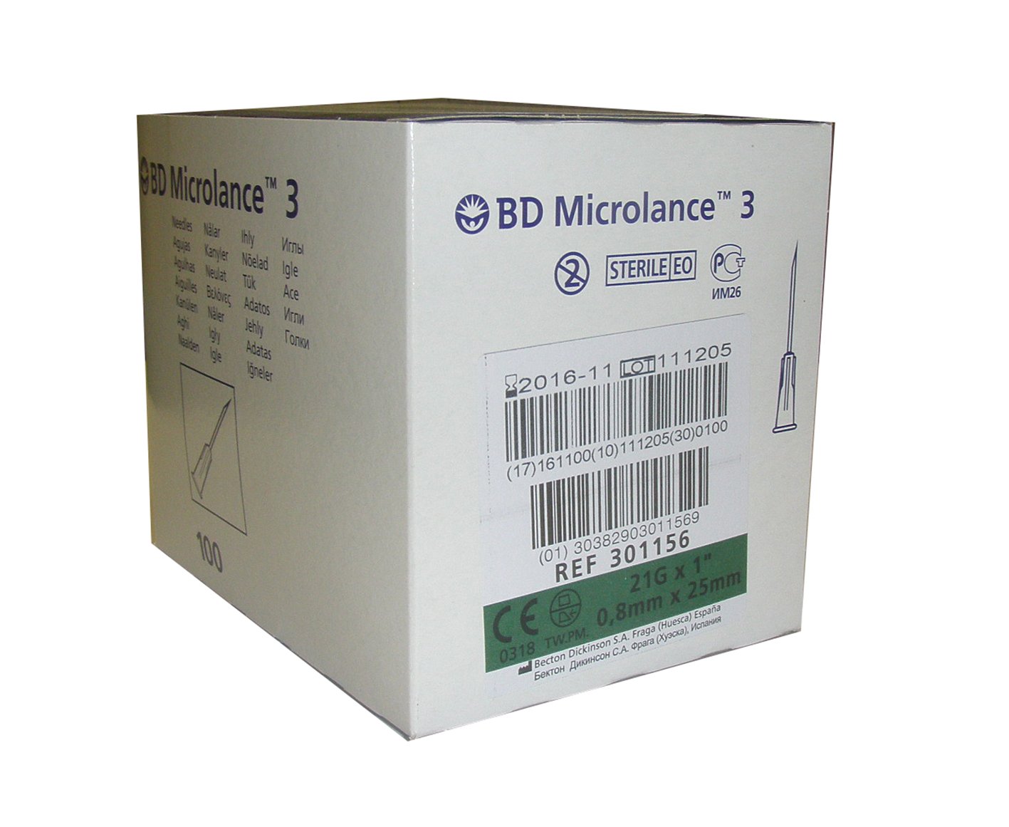 Aguja hipodérmica BD Microlance 0,8 mm x 25 mm 21G x 1 Caja de 100