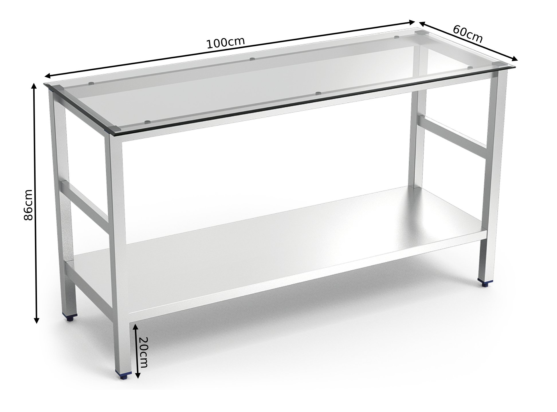 Mesa de trabajo de acero inoxidable con encimera de cristal. Varias medidas Mesa de trabajo de acero inoxidable con encimera de cristal. Varias medidas