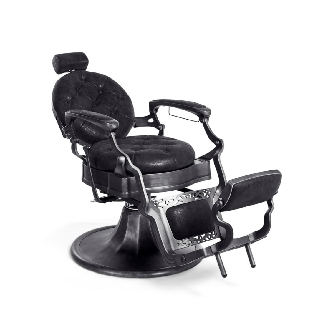 Fauteuil de barbier de style vintage avec pompe hydraulique et rembourrage effet usé. Plusieurs couleurs.