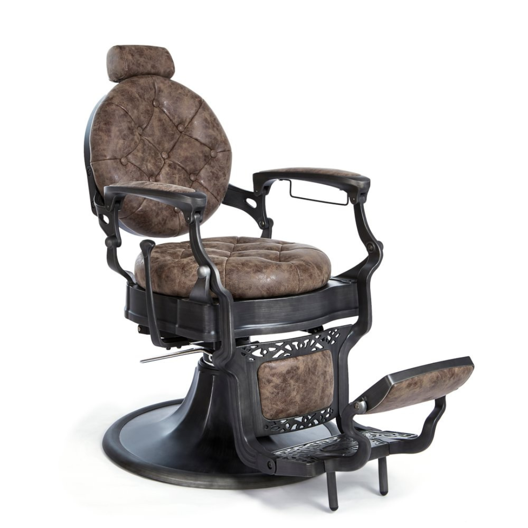Fauteuil de barbier de style vintage avec pompe hydraulique et rembourrage effet usé. Plusieurs couleurs.