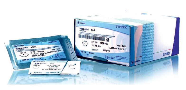 Sutura Silk 0, DS40, 75 cm. Caja 24 ud. (aguja 3/8 círculo triangular corte inverso) Sutura Silk 0, DS40, 75 cm. Caja 24 ud. (aguja 3/8 círculo triangular corte inverso)