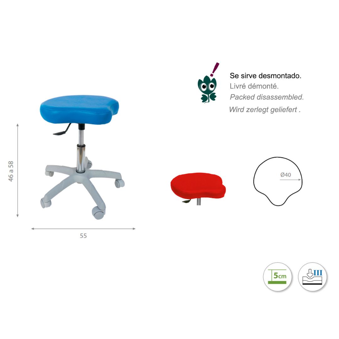 Tabouret de type bicyclette avec base grise et réglage de la hauteur 46-58cm par levier. Plusieurs couleurs