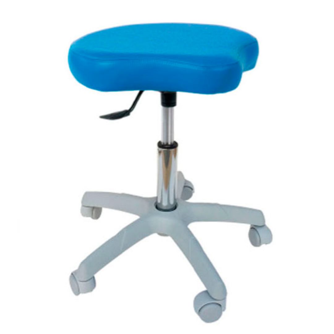 Tabouret de type bicyclette avec base grise et réglage de la hauteur 46-58cm par levier. Plusieurs couleurs