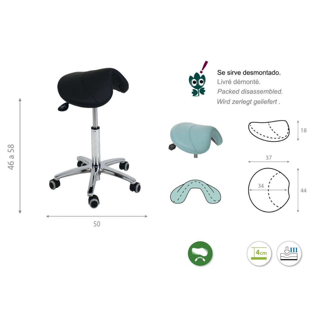 Pony stool with height adjustment 46-58cm via lever. Various colors.