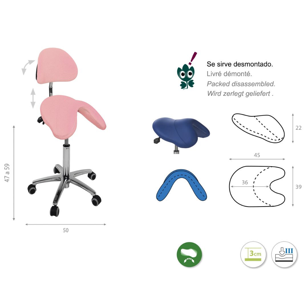 Pony style stool with height adjustment 47-59cm by lever and multi-position backrest. Various colors