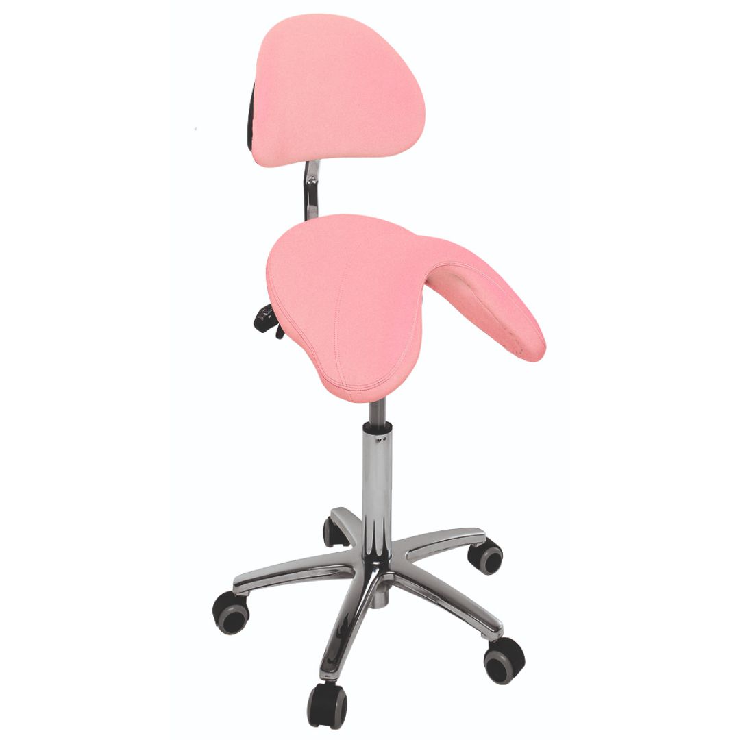 Pony style stool with height adjustment 47-59cm by lever and multi-position backrest. Various colors