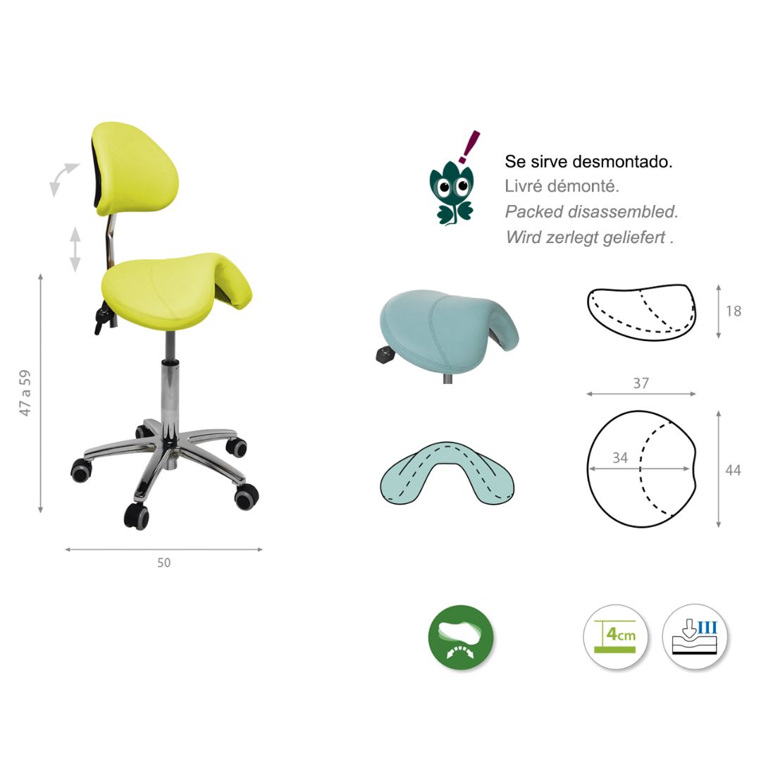 Tabouret type poney avec réglage de hauteur 47-59cm par levier et dossier. Plusieurs couleurs