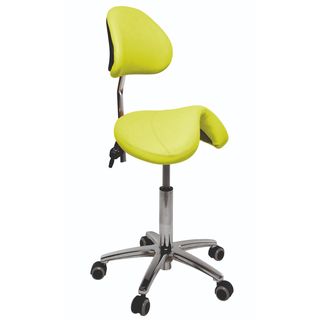 Tabouret type poney avec réglage de hauteur 47-59cm par levier et dossier. Plusieurs couleurs