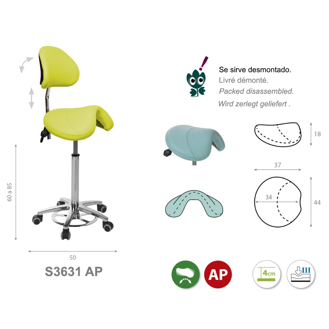 Tabouret de type poney avec réglage en hauteur 60-85cm par anneau et dossier. Plusieurs couleurs.