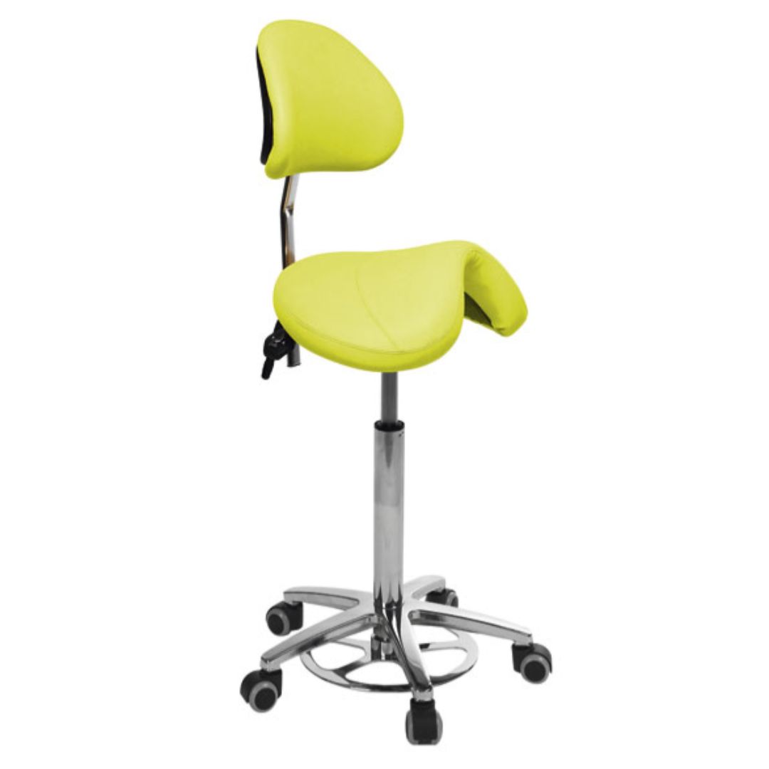 Tabouret de type poney avec réglage en hauteur 60-85cm par anneau et dossier. Plusieurs couleurs.
