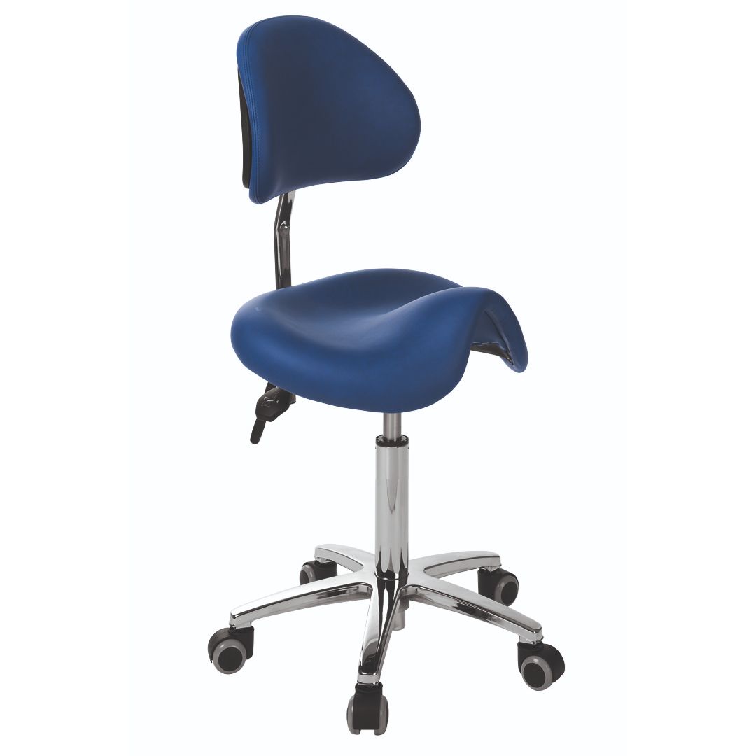 Derby stool with height adjustment 47-59cm by lever and backrest. Various colors.