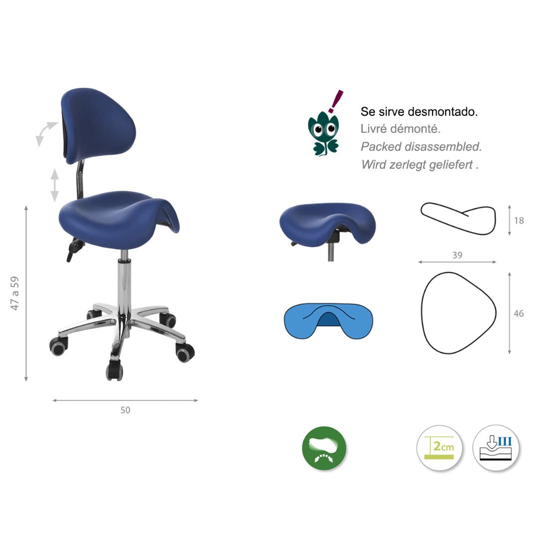 Derby stool with height adjustment 47-59cm by lever and backrest. Various colors.