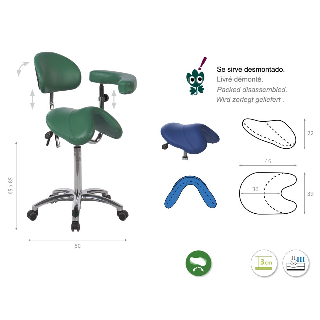 Tabouret type poney avec base en aluminium, dossier et bras multifonction. Plusieurs couleurs