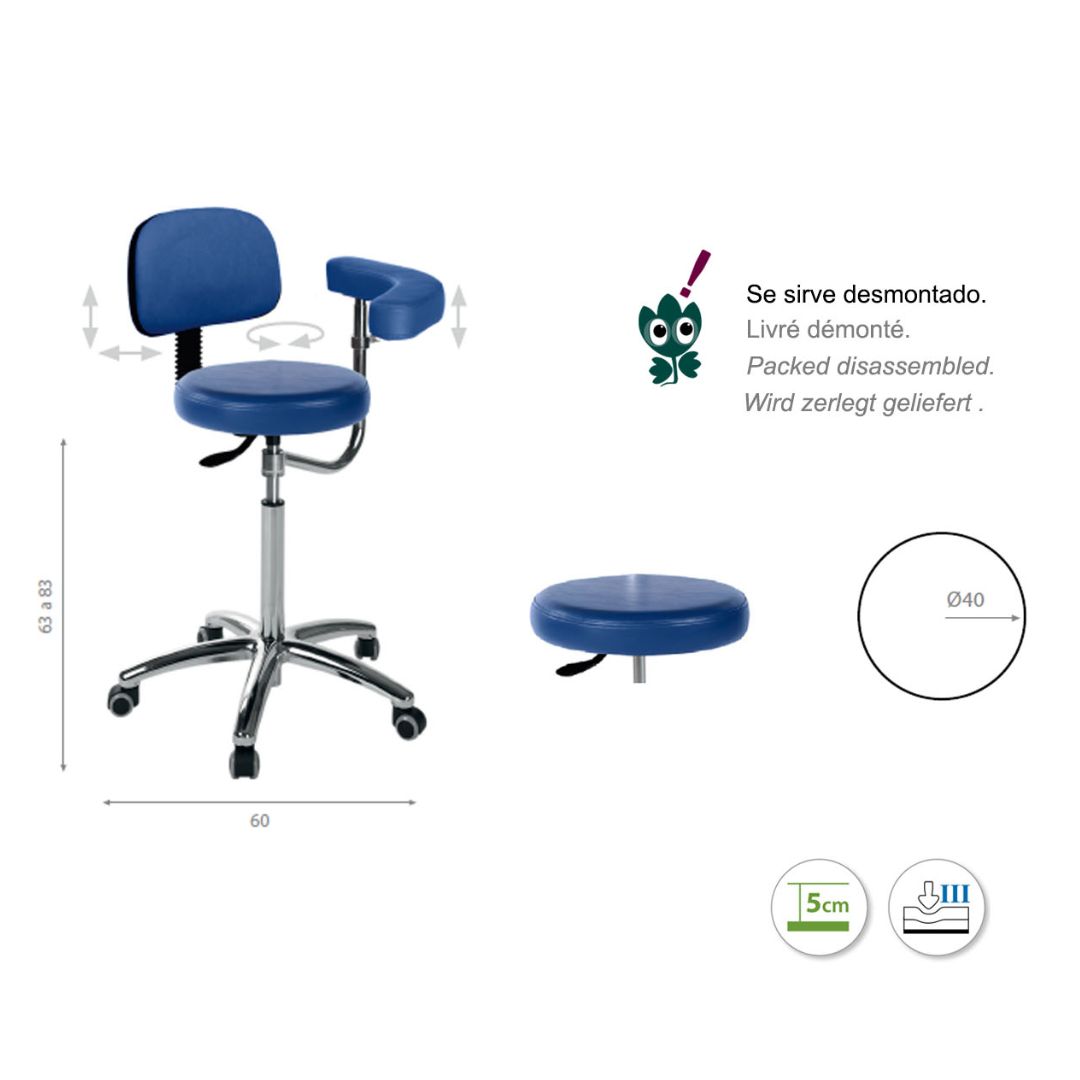 Circular stool with aluminum base, multifunctional back and armrest. Various colors.