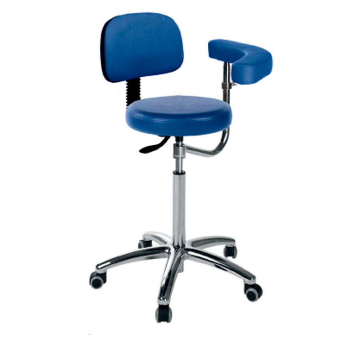 Circular stool with aluminum base, multifunctional back and armrest. Various colors.