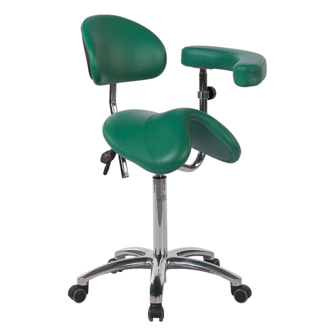 Tabouret type poney avec base en aluminium, dossier et bras multifonction. Plusieurs couleurs