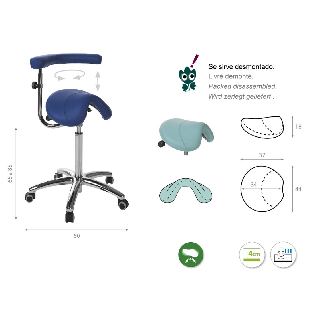 Tabouret type poney avec base en aluminium et bras multifonction. Plusieurs couleurs