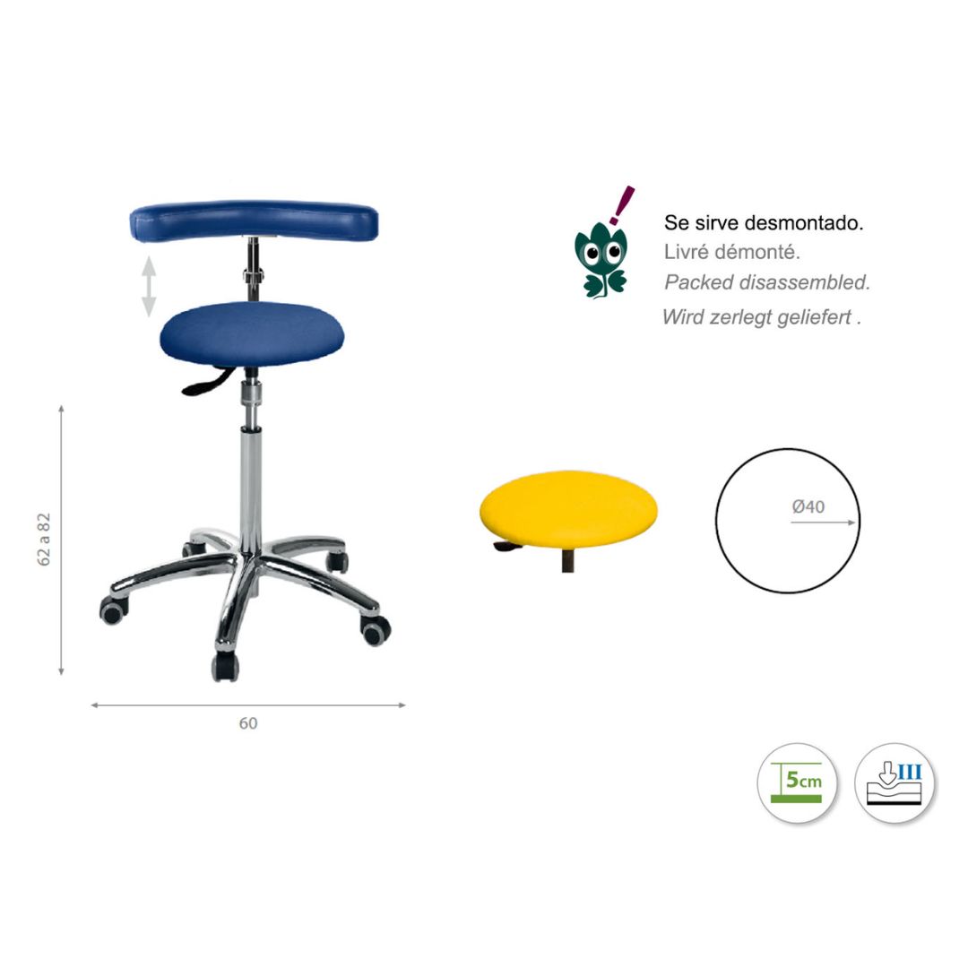 Circular stool with aluminum base and multifunctional arm. Various colors.