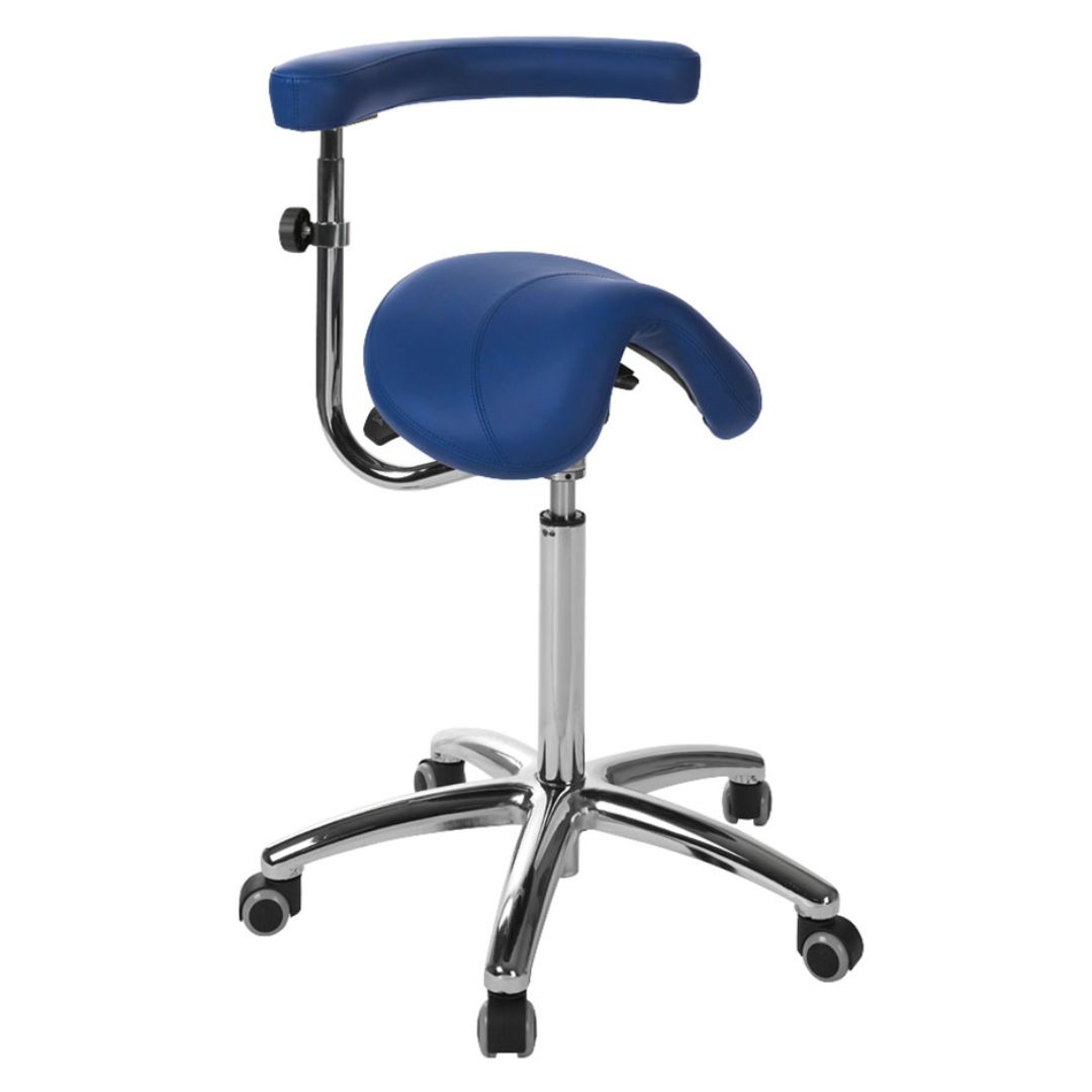 Tabouret type poney avec base en aluminium et bras multifonction. Plusieurs couleurs
