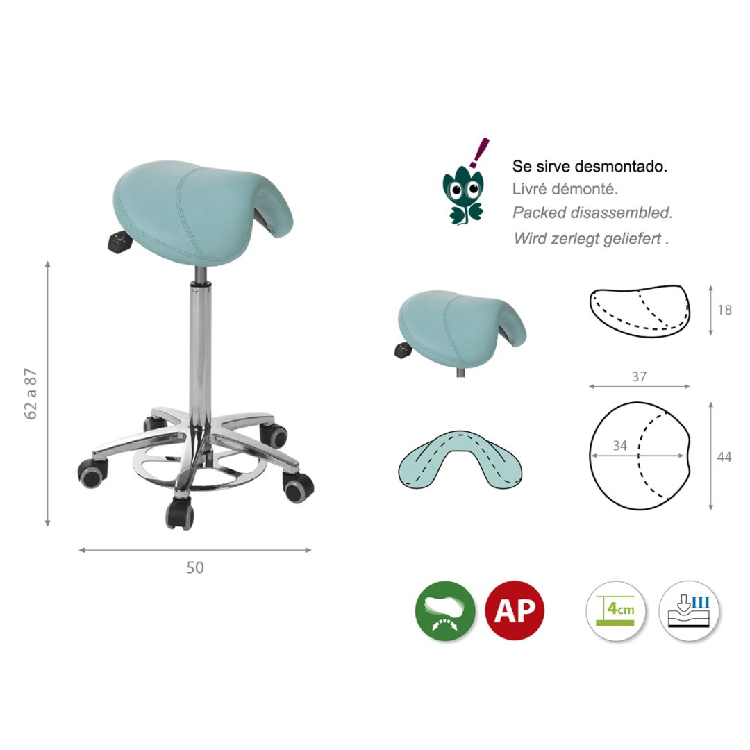 Tabouret de type poney avec base en aluminium et réglage de la hauteur avec commande au pied. Plusieurs couleurs