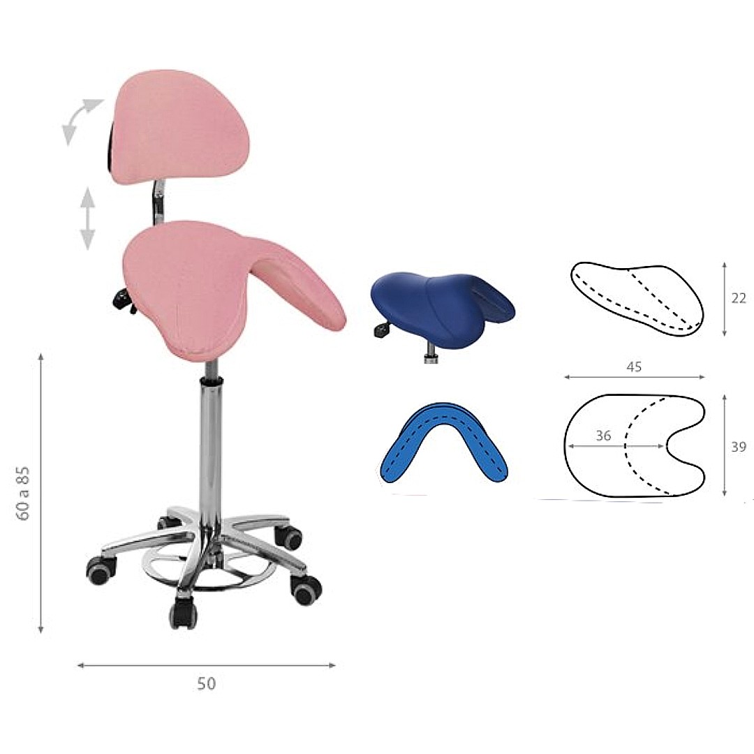 Pony style stool with height adjustment 60-85cm through ring and multi-position backrest. Various colors.