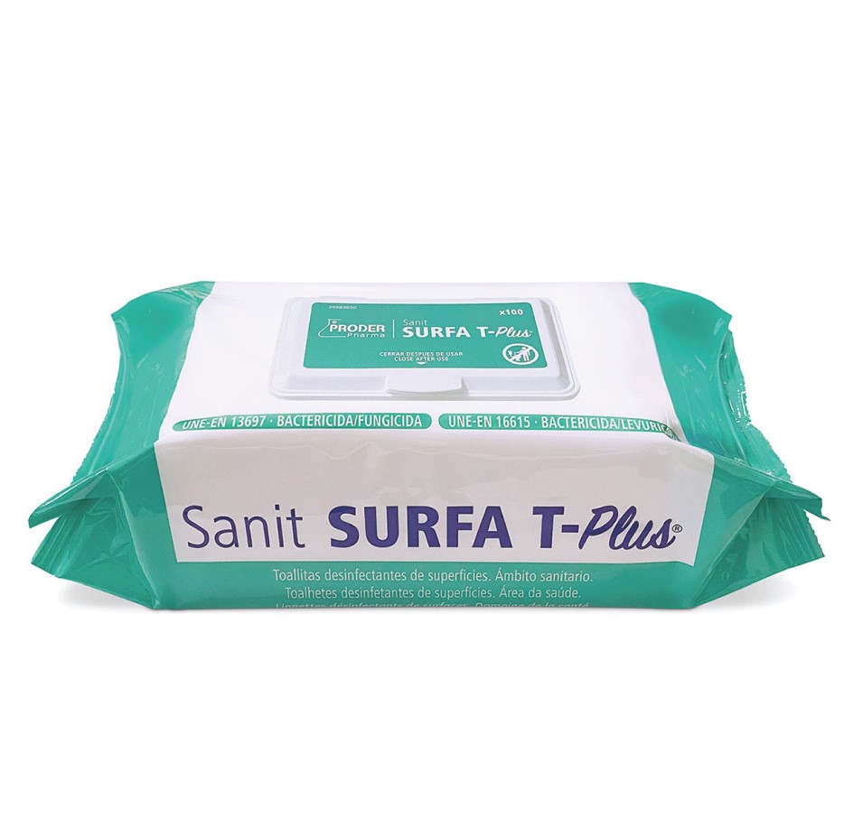 Toallitas desinfectantes para superficies, Sanit Surfa T-Plus. Paquete de 100 unidades