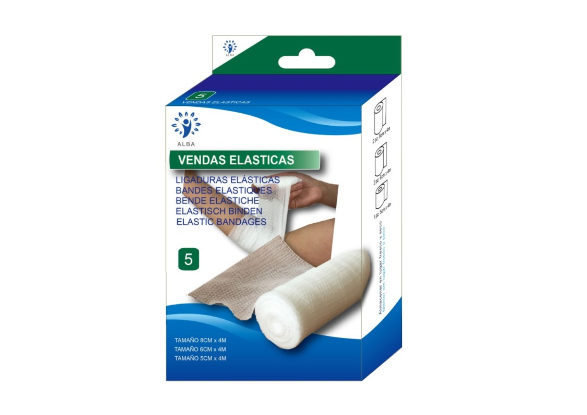 Venda elástica blanca de tejido sin tejer. Caja de 5 uds de diferentes medidas Venda elástica blanca de tejido sin tejer. Caja de 5 uds de diferentes medidas