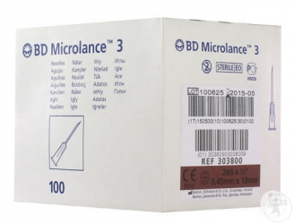 Aguja hipodérmica BD Microlance 0,45 mm x 13 mm. 26G Caja de 100