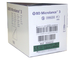 Aguja hipodérmica BD Microlance 0,8 mm x 40 mm 21G x 1 y 1/2 . Caja de 100