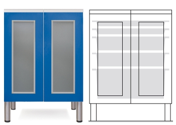 Armario bajo 2 puertas de cristal enmarcado, 5 cajones ISO (2+2+1), con inclinación. Varios colores | ARMARIOS MODULARES BAJOS
