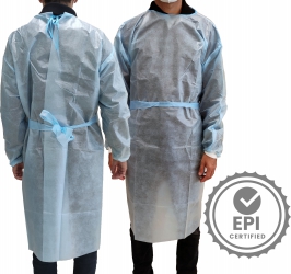 Bata de protección azul contra agentes infecciosos (EPI), con puño tricot. Bolsas de 10 unidades