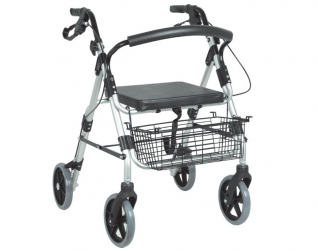 Caminador plegable con asiento y cesta delantera, 4 ruedas | CAMINADORES