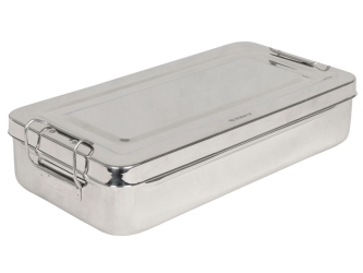 Recipiente metálico com tampa 30x15x6 cm. Autoclavável
