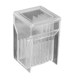 Cubeta de tinción vertical con tapa para 8 portaobjetos, 58x53,5x86mm. Caja de 4 unidades